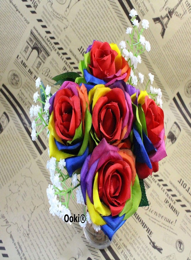 Ooki Custom Handmade Artificial Silk Rainbow Rose Toss Bouquet Bridesmaid Flower Bush Arrangement Home Decor Wedding Party Celebration Centerpiece Twine - Image 1